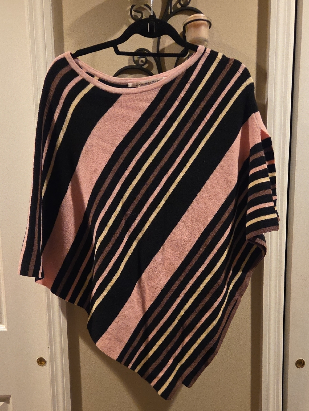 Max Studio Pink, Black and Cream Striped Off-the-Shoulder Sweater